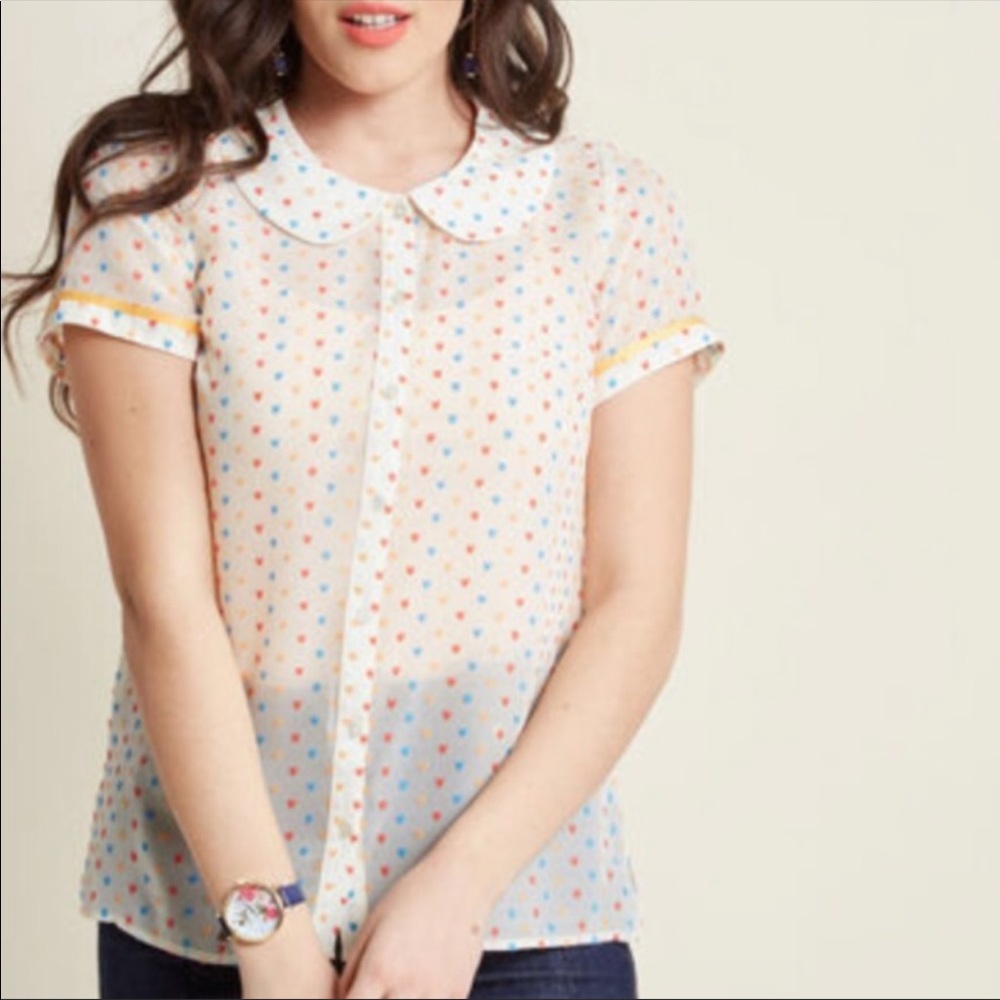 Modcloth darling in dots primary colors sheer blouse
